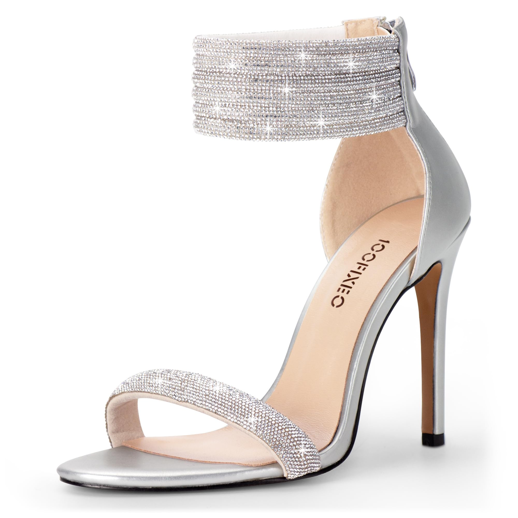100FIXEO Sexy High Heeled Rhinestone Sandals Elegant Open Toe ankle strap Stiletto Heel Wedding Dress Shoes