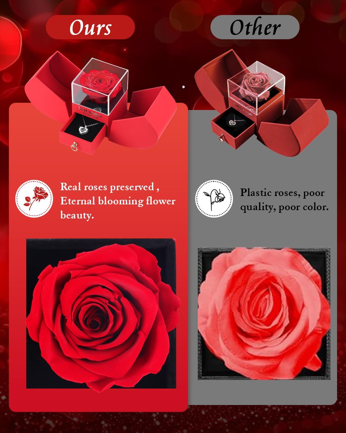 Preserved Red Forever Rose Heart Necklace Gift Box, Eternal Flowers I Love You Projection Jewelry, Romantic Mother's Day Anniversary Birthday Gift Women Her(Wife Girlfriend Mom)