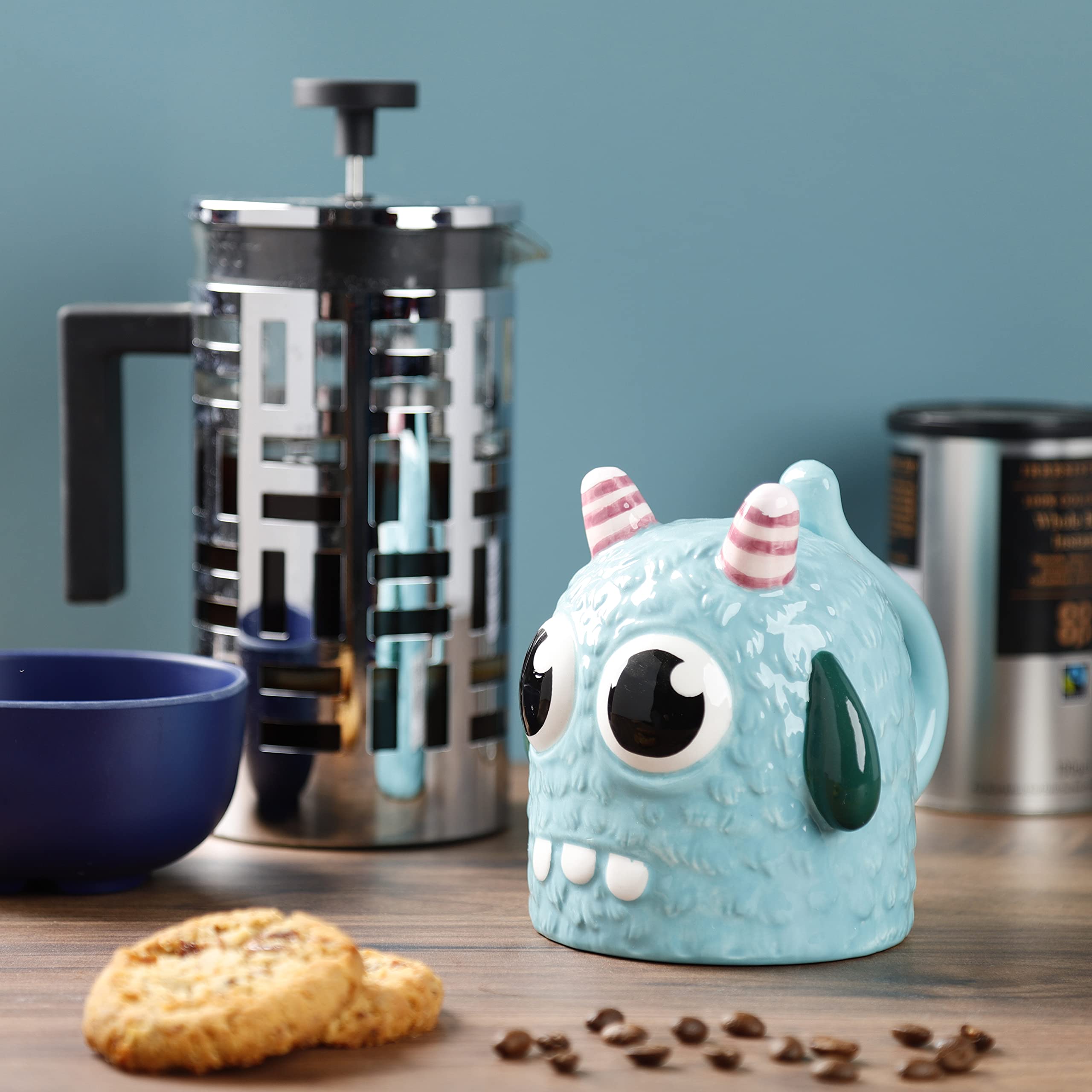 Tazza da caffè con manico, tazza da tè – Upside-Down Mug – Tazza rovesciata in ceramica, ca. 400 ml (Monster Blu)