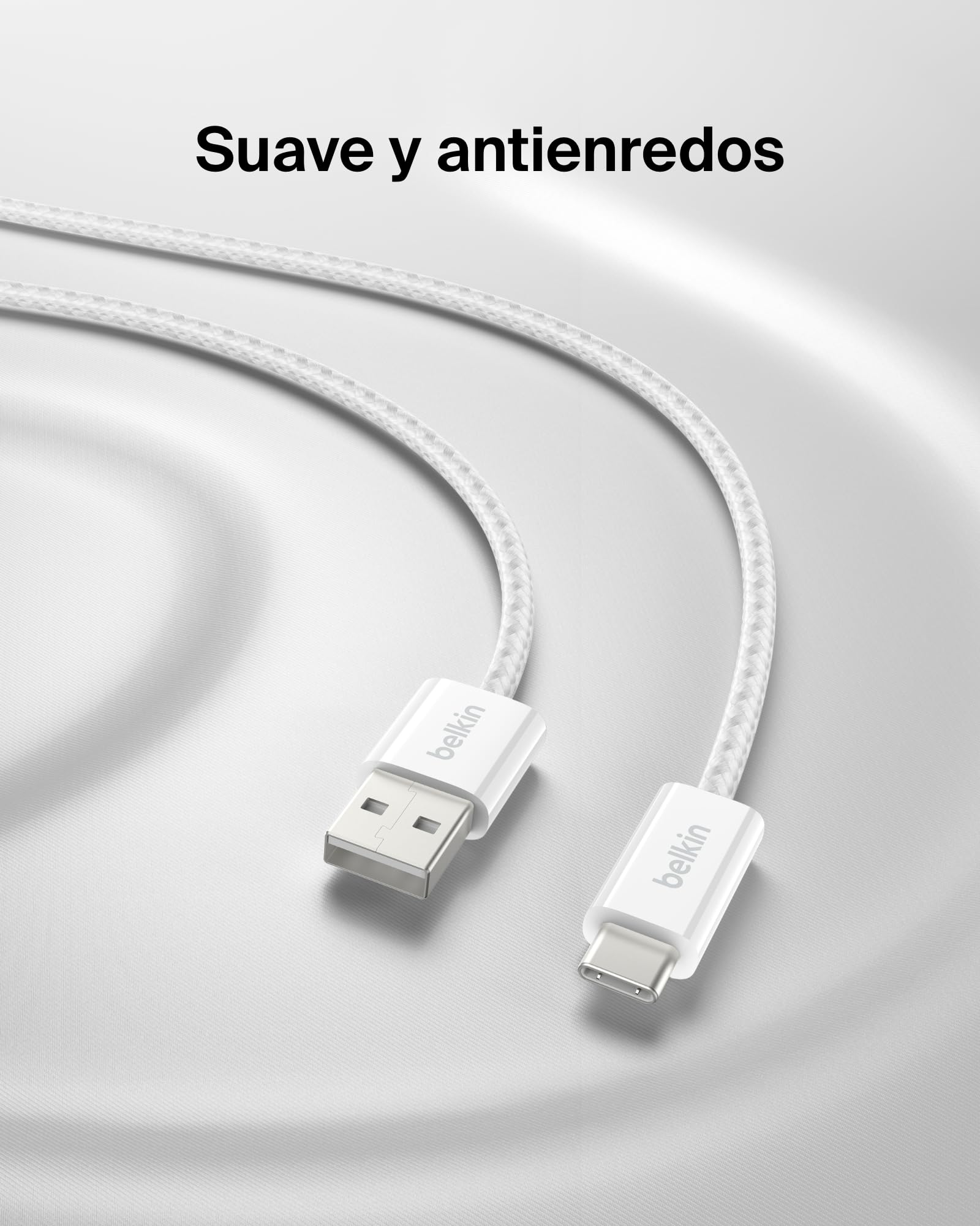 Belkin Paquete de 2 Cables Trenzados USB-A a USB-C de 1,5 m (15 W), carga rápida, cables de alimentación flexibles USB tipo C para iPhone 17 y 16, Galaxy S25, Pixel 10, iPad Pro y otros, Blanco