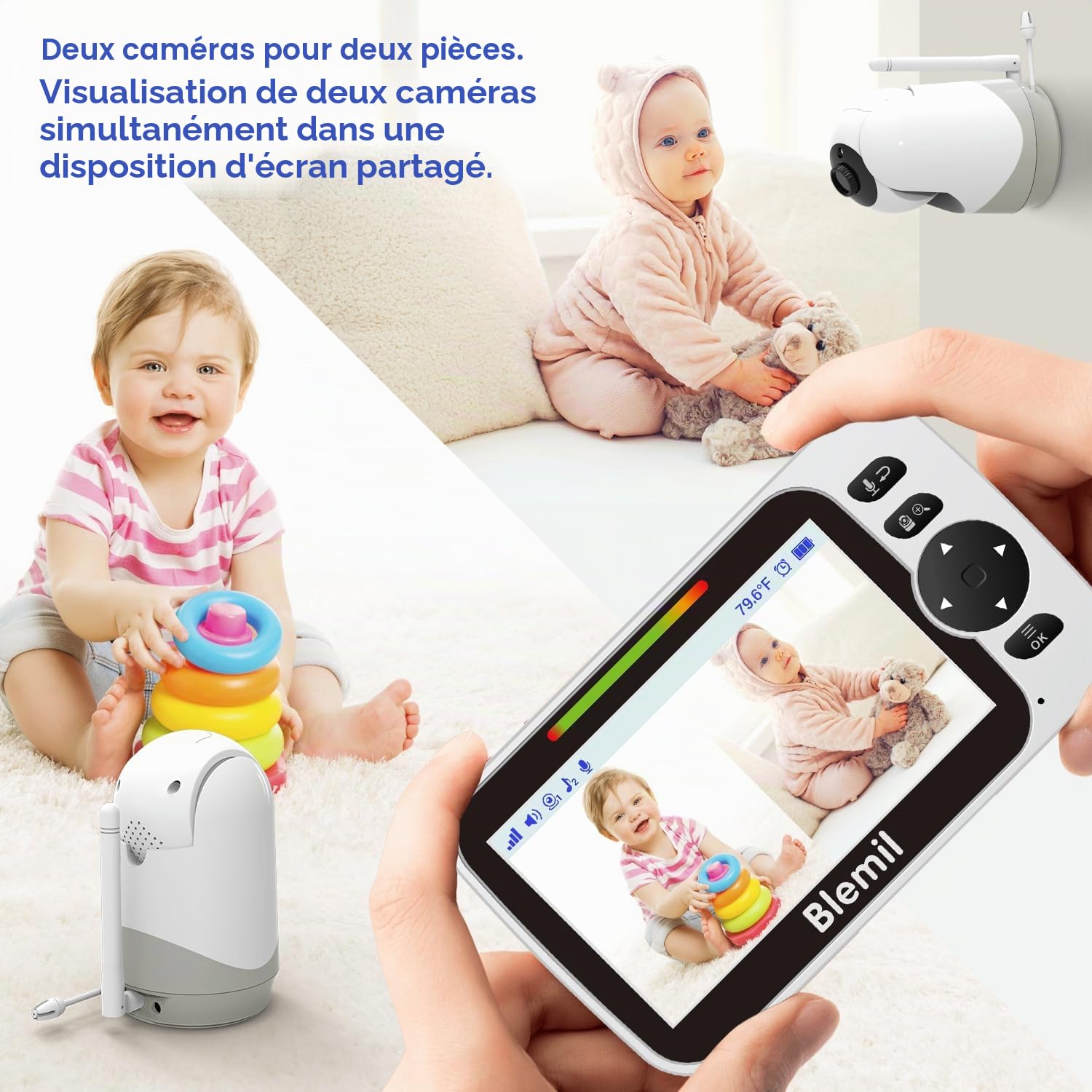 Blemil Moniteur Bébé Vidéo 5'', Écran Partagé, Modèle Amélioré, sans WiFi | Babyphone caméra bébé, mode ECO, vision nocturne, PTZ à distance, interphone bidirectionnel et berceuses