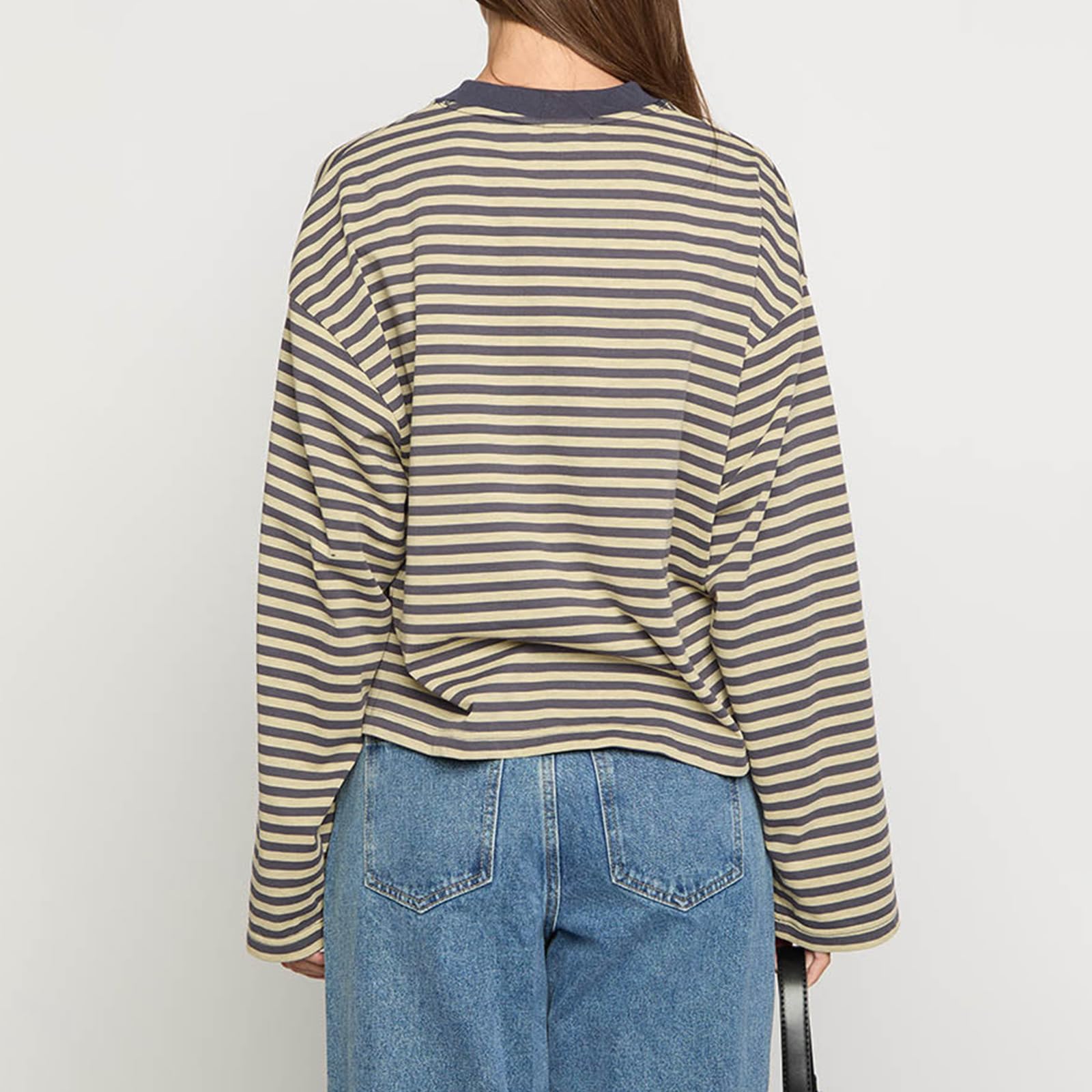 Gestreiftes Langarm-Top für Damen, Rundhalsausschnitt, Farbblock, Basic-T-Shirt, lässig, locker, zum Ausgehen, Y2k Streetwear