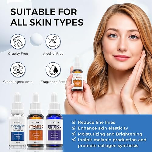 Miniatura 3 de Juego de suero facial antienvejecimiento, líneas finas, iluminador, hidratante, vitamina C, retinol y ácido hialurónico, 3 unidades de 1 onza líquida