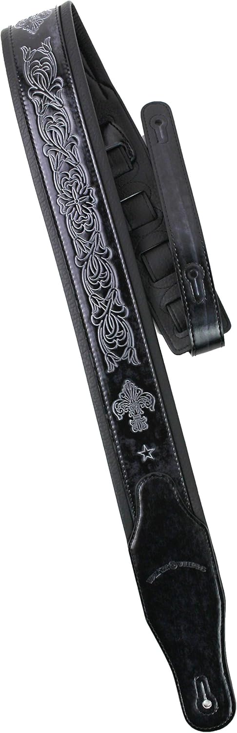 Walker And Williams GB-20 Denim Black Padded Leather Strap with Fleur De Lis & French Chain Design