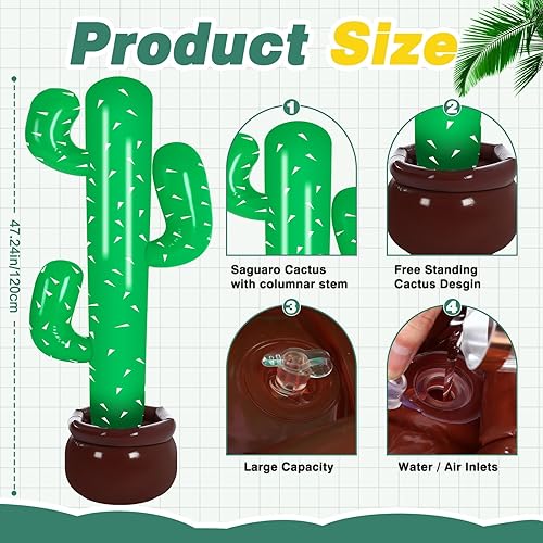 Miniatura 2 de Paquete de 2 decoraciones inflables de cactus grandes de 48 pulgadas, decoración de cactus gigante, decoración de fondo de playa para mexicano,