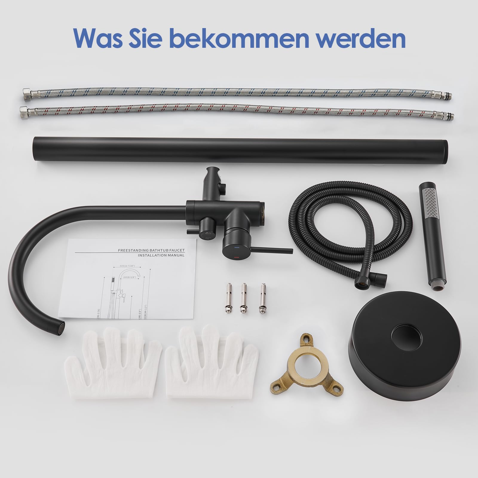 ROVOGO Ganzmetall Freistehende Badewannenarmatur Schwarz mit Handbrause, 360° Schwenkbar Messing Wannenarmatur mit Brause für Freistehende Badewanne, Bodenmontage, Einhebelmischer Armatur Badewanne
