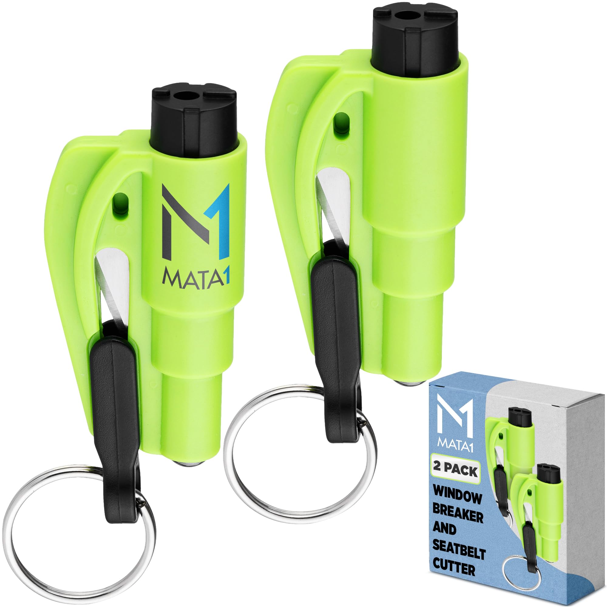 Mata1 Nothammer, Sicherheitsgurtschneider und Schlüsselanhänger – 2er-Pack, grün – 3-in-1-Auto-Fluchtwerkzeug – Fensterglasbrecher