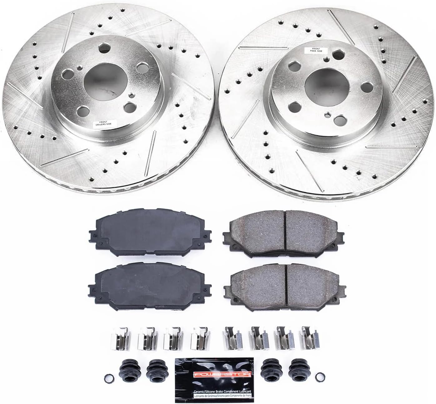 PowerStop Front Brake Kit For Pontiac Vibe 2009-10 |Scion xD 2008-14 |Toyota Corolla 2009-19 |Matrix 2009-13 - Drilled and Slotted Disc Rotors with Ceramic Brake Pads Replacement, K4669