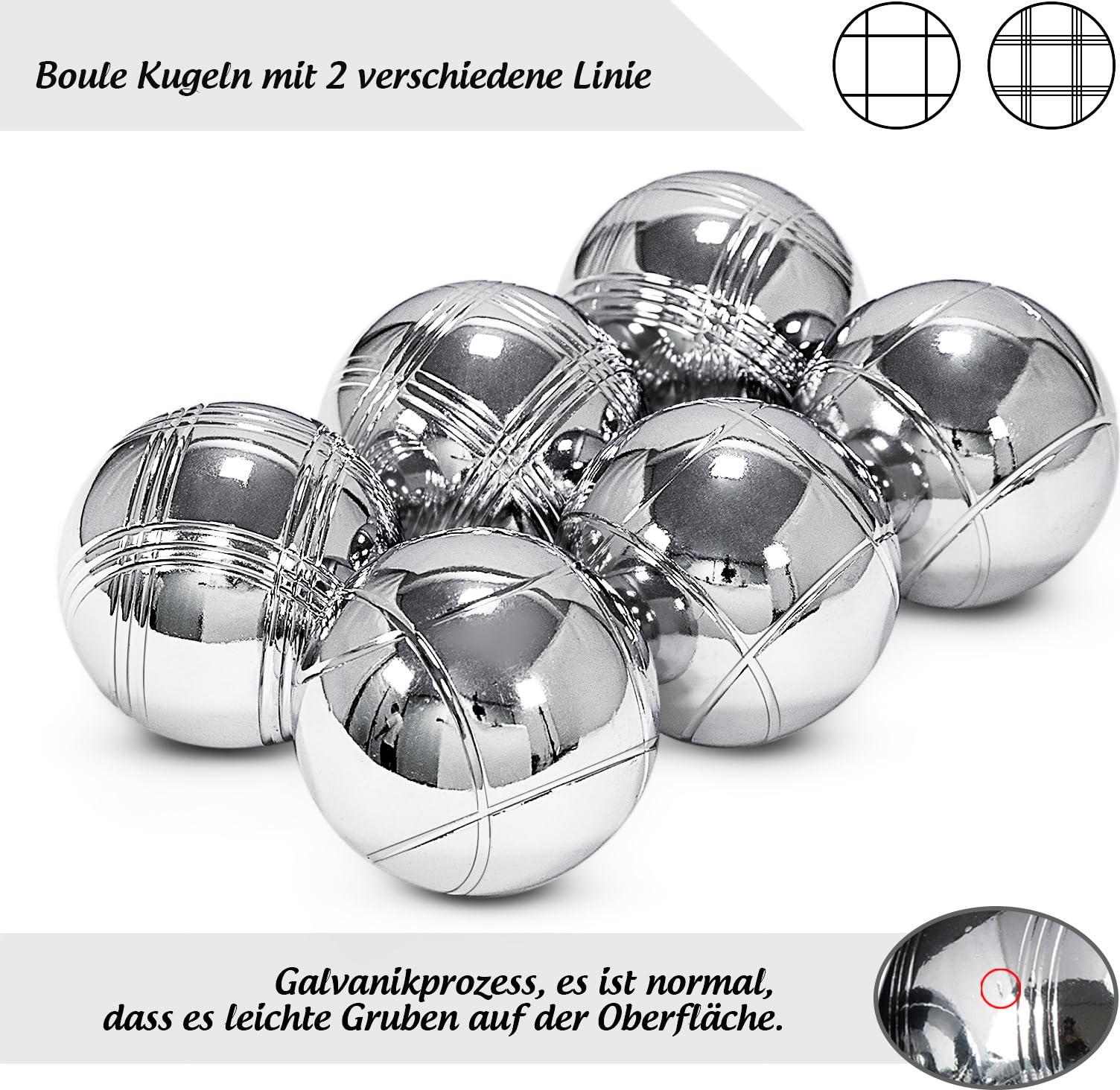 Boule Set, 6 Boccia Kugeln Metallkugeln Ø73mm, Boccia Spiel mit Tragetasche, 2 Zielkugeln, 2 Entfernungsmesser, 1 Magnet, Petanque fur Garten Camping Strand, Boccia Set für Outdoor Sport Spiel