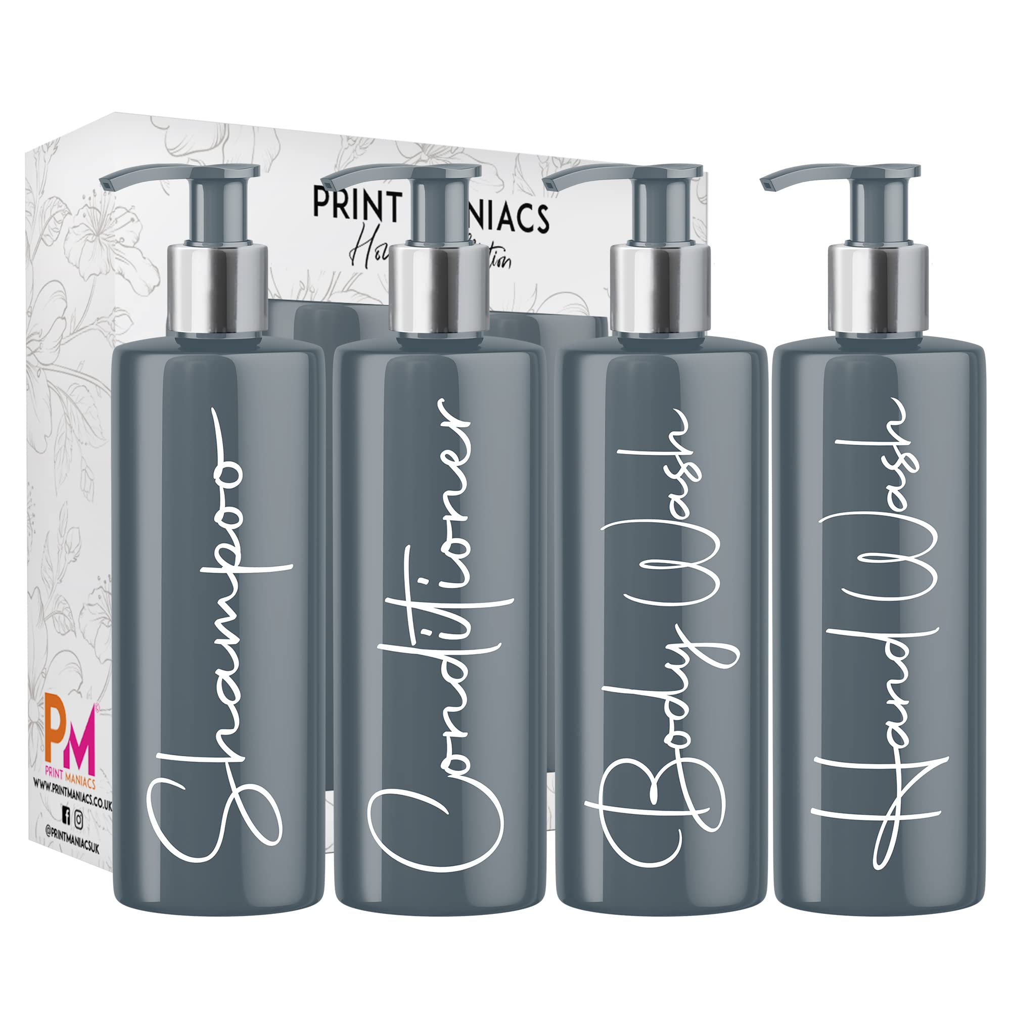 Print Maniacs Grey Mrs Hinch Inspired Personalised 500ml Pump Bottles Bathroom Lotion Kitchen Set Shampoo Conditioner Body Wash F2 (White, Set 3 + Handwash)