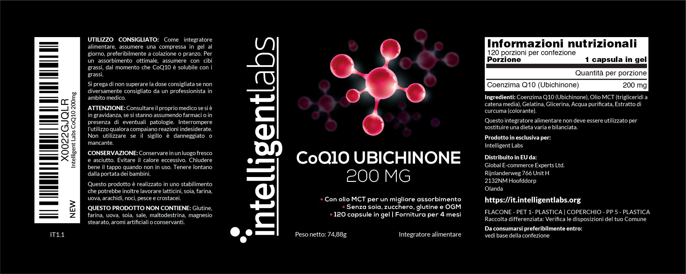 Coq10 Ubichinone in Softgel Da 200 Mg Di Intelligent Labs | 120 Porzioni | Softgel Facili Da Ingerire E Ad Elevata Potenza