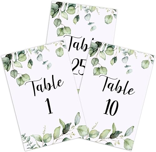 26 tarjetas de números de mesa de boda del 1 al 25 con números de mesa principal, tarjetas de mesa de eucalipto de vegetación, números de mesa de