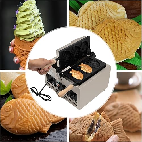 Miniatura 3 de Taiyaki - Máquina de gofres de pescado, 3 piezas de 1500 W eléctrica comercial con forma de pescado con placa de cocción antiadherente, calefacción
