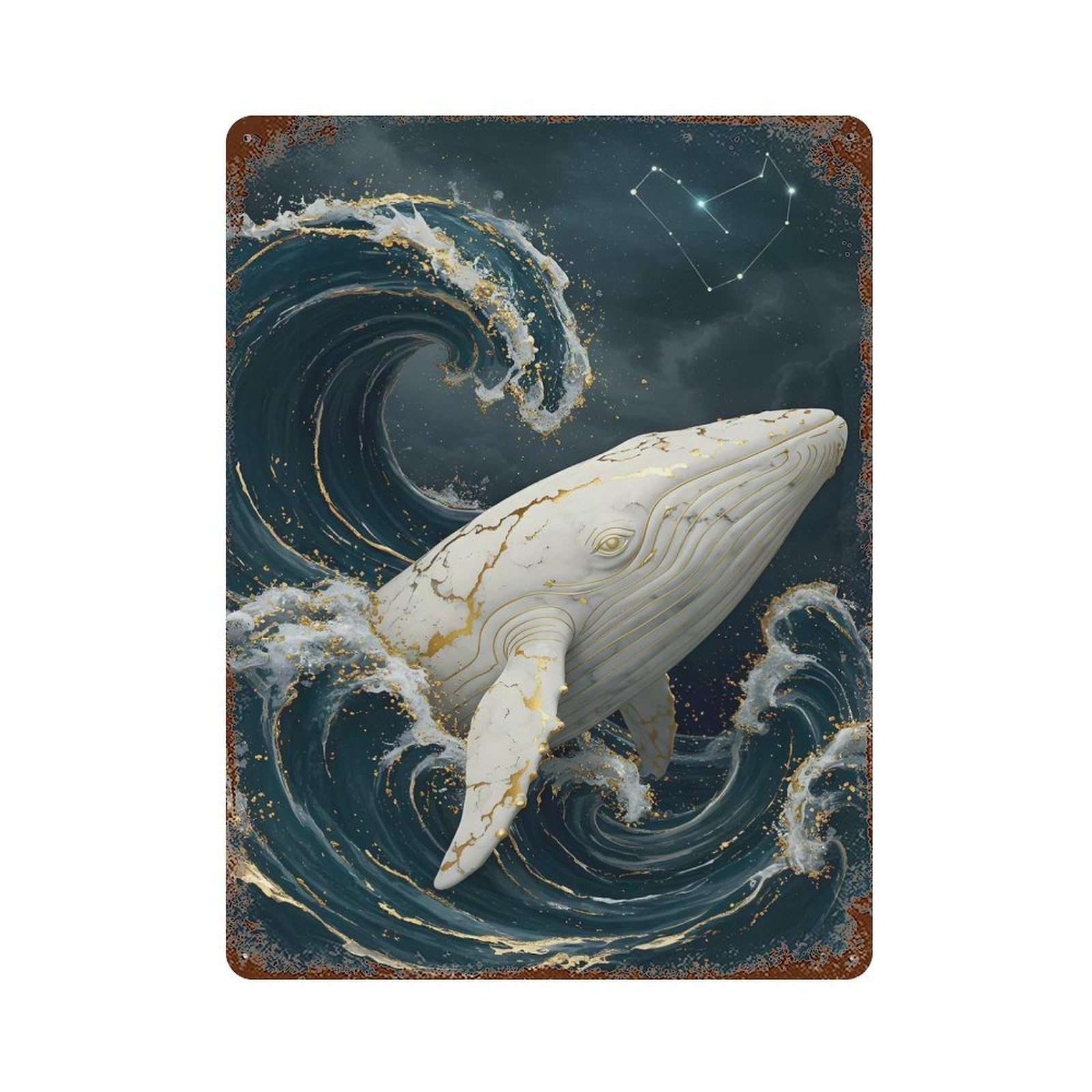 Whale in Ocean Waves with Constellation Vintage Metal Tin Sign 15.7"x11.8", Retro Wall Decor for Office, Studio And Wall Decor