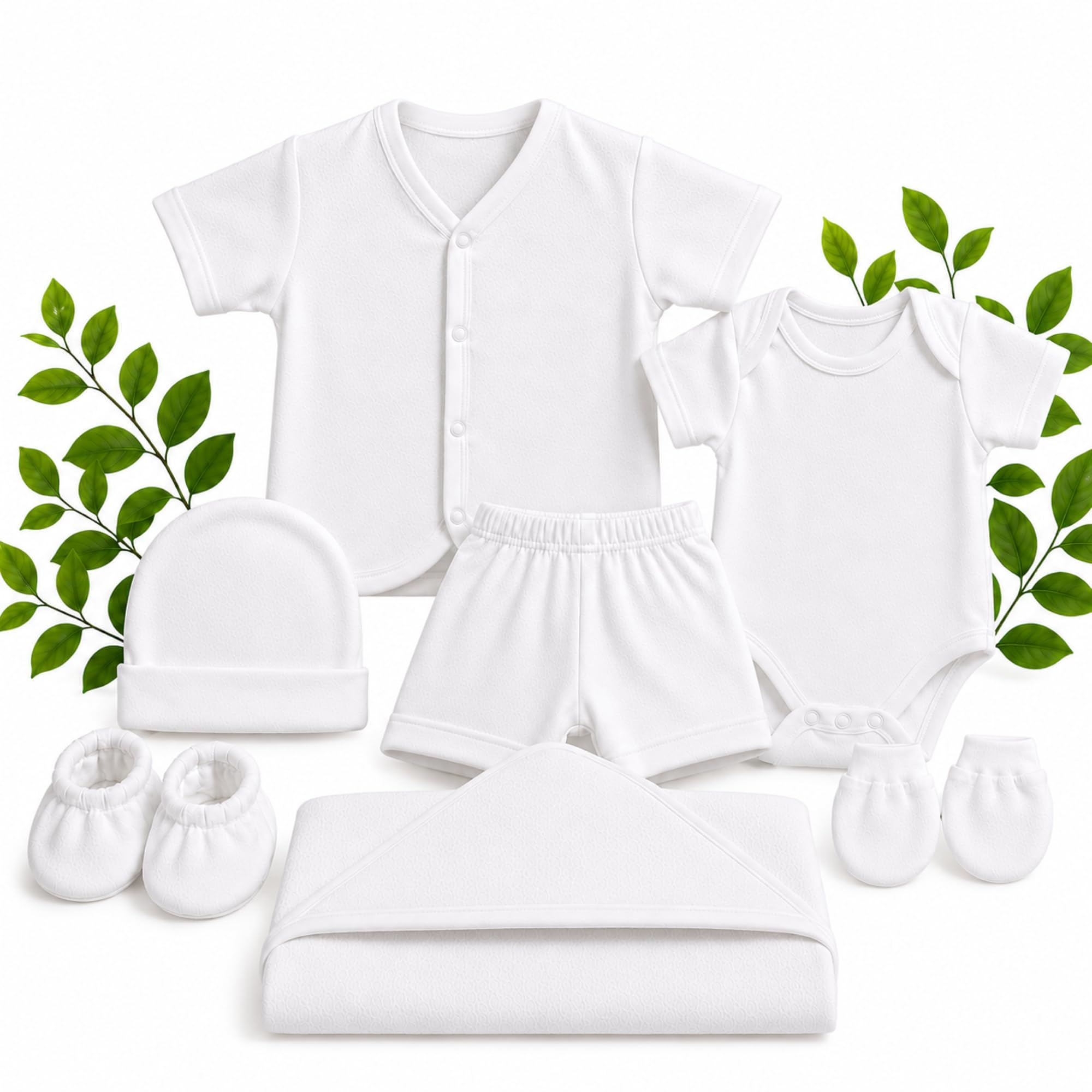 MumsLap Newborn Everyday Essentials For Baby Clothing Set 7 Piece | 100% Soft Cotton Baby Essentials Kit with Onesie, Wrap Top, Shorts, Cap, Mittens, Booties & Hooded Towel (White)-image-27
