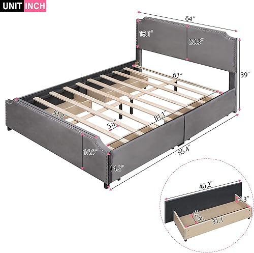 Miniatura 8 de Cama tapizada de plataforma con cabecera y estribo de tela de terciopelo marco de cama de plataforma Queen con 4 cajones de almacenamiento no