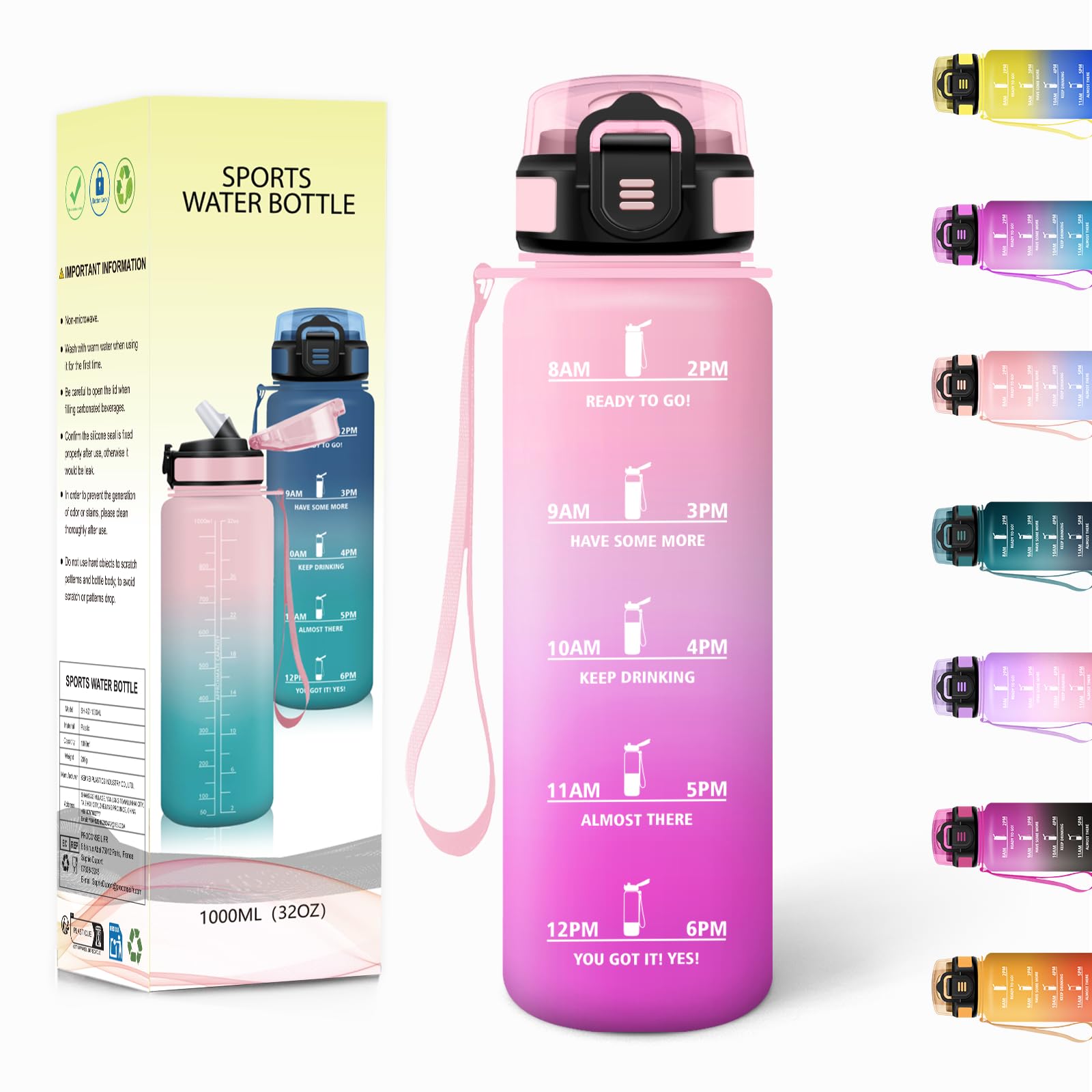 Gourde Sport 1000 Ml Avec Paille - Marqueur De Temps Motivation - Sans BPA - Bouchon Sécurisé - Pour Salle De Sport, Quotidien