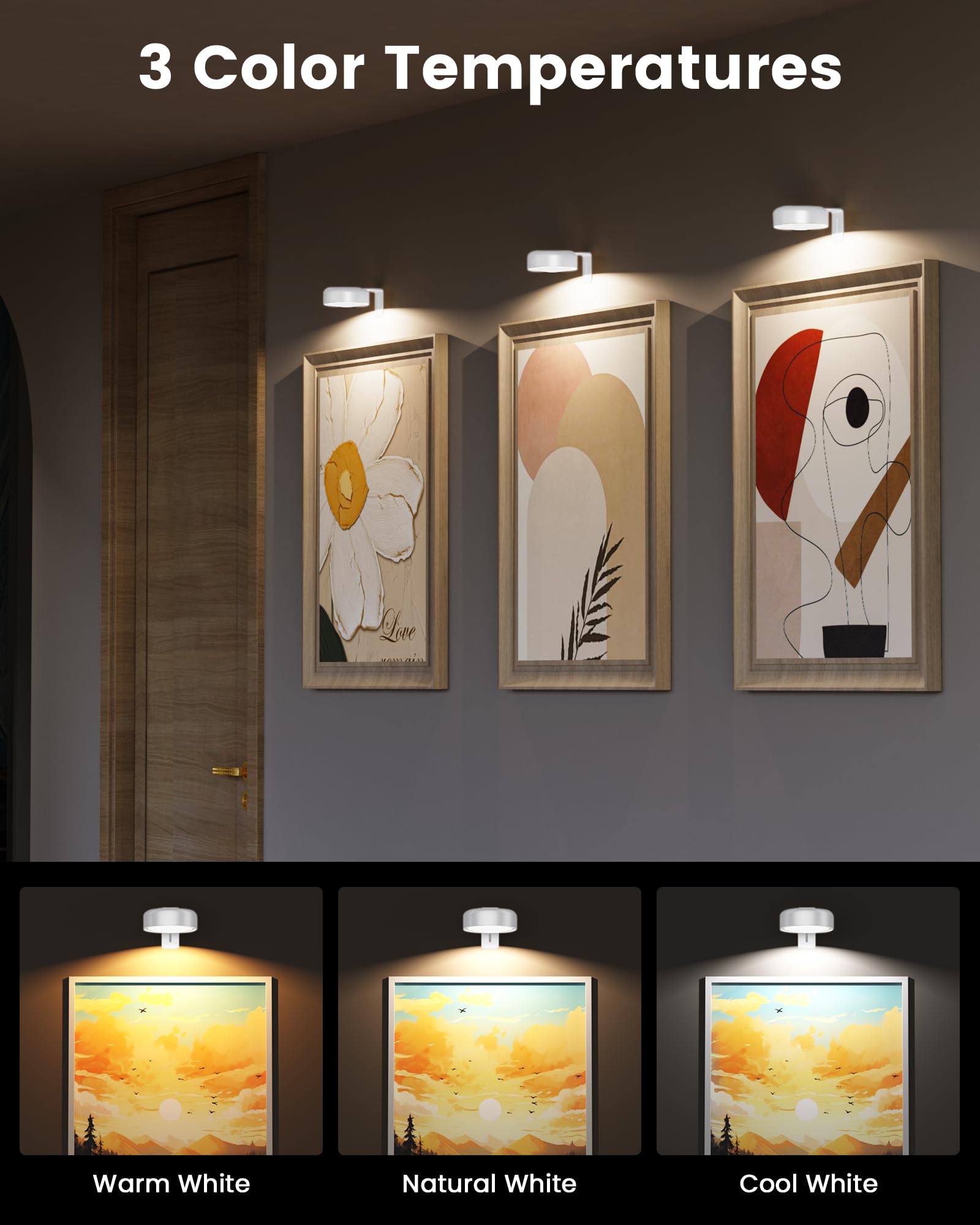 Bilderleuchten für die Wand, kabellos, 2000 mAh, wiederaufladbar, magnetisch, LED-Puck-Lichter mit Fernbedienung, 3 Farbtemperaturen und 12 RGB, Dimmen und Timer, Kunstrahmen-Licht für Malerei, Fotos