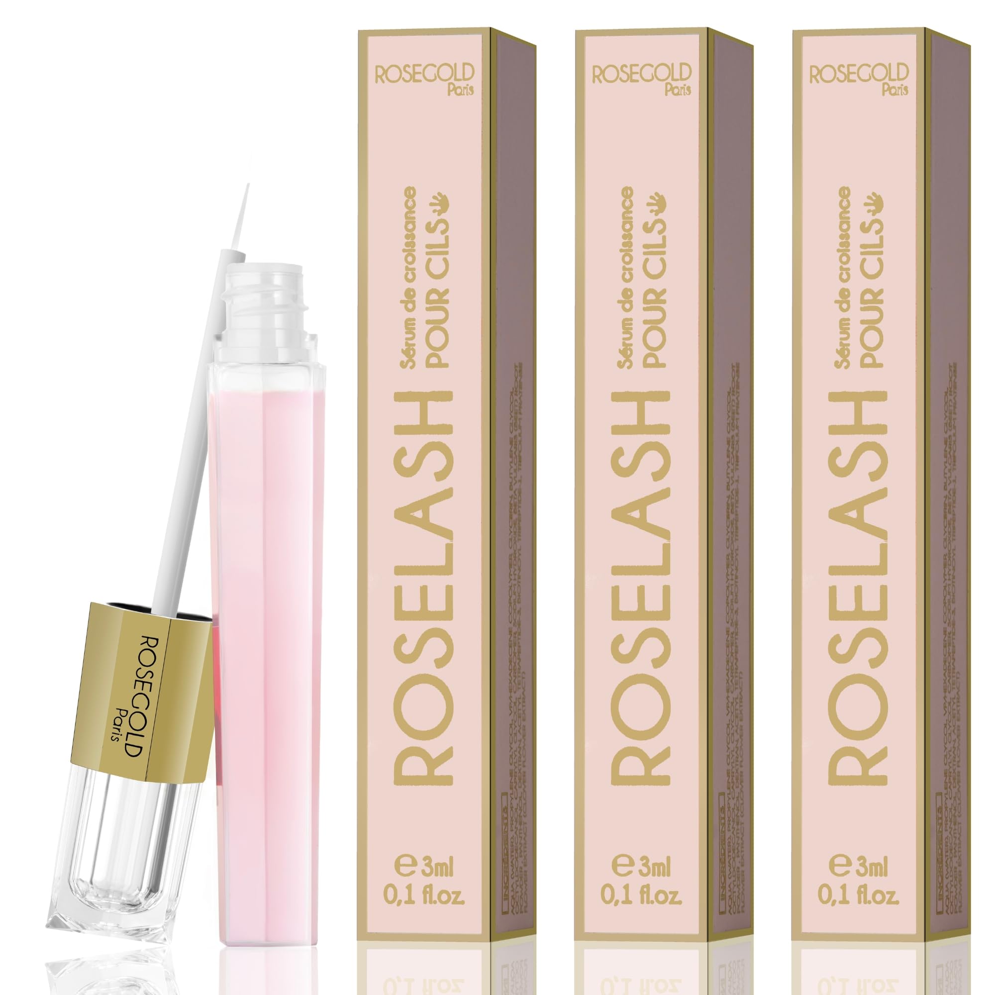 ROSEGOLD ROSELASH Cura 3 meses Suero de Crecimiento para Pestañas Naturales, Pestañas más largas y gruesas - 95% Natural Made in France - libre de hormonas sin perfume - Vegano