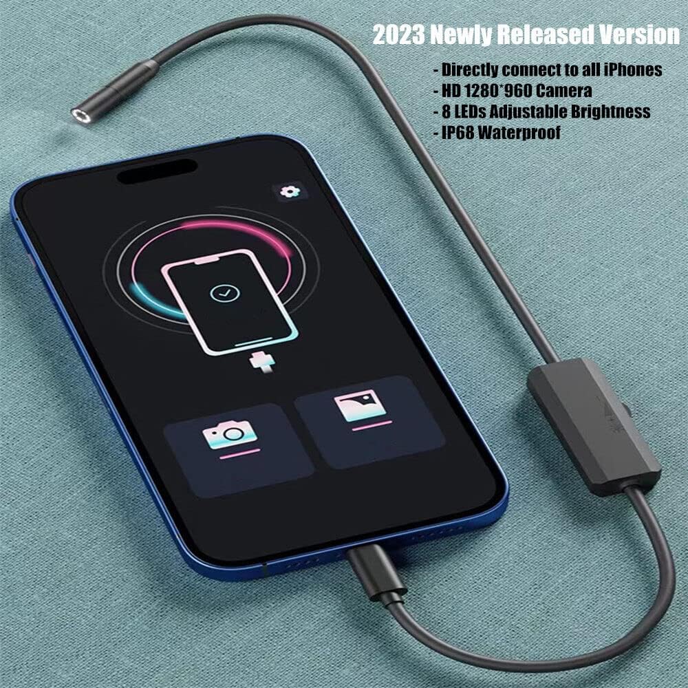 Endoscope Camera for iPhone 14/13/12/11 Pro/Pro Max,1920P Inspection Camera with 8 Adjustable LED Lights, IP68 Waterproof Borescope Snake Camera for iPhone & iPad (16.5ft Semi-Rigid Cable)