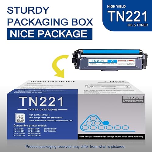 Miniatura 5 de Paquete de 1 cartucho de tóner cian TN221 de alto rendimiento compatible con TN221 de repuesto para impresora Brother HL-3140CW 3150CDN 3170CDW