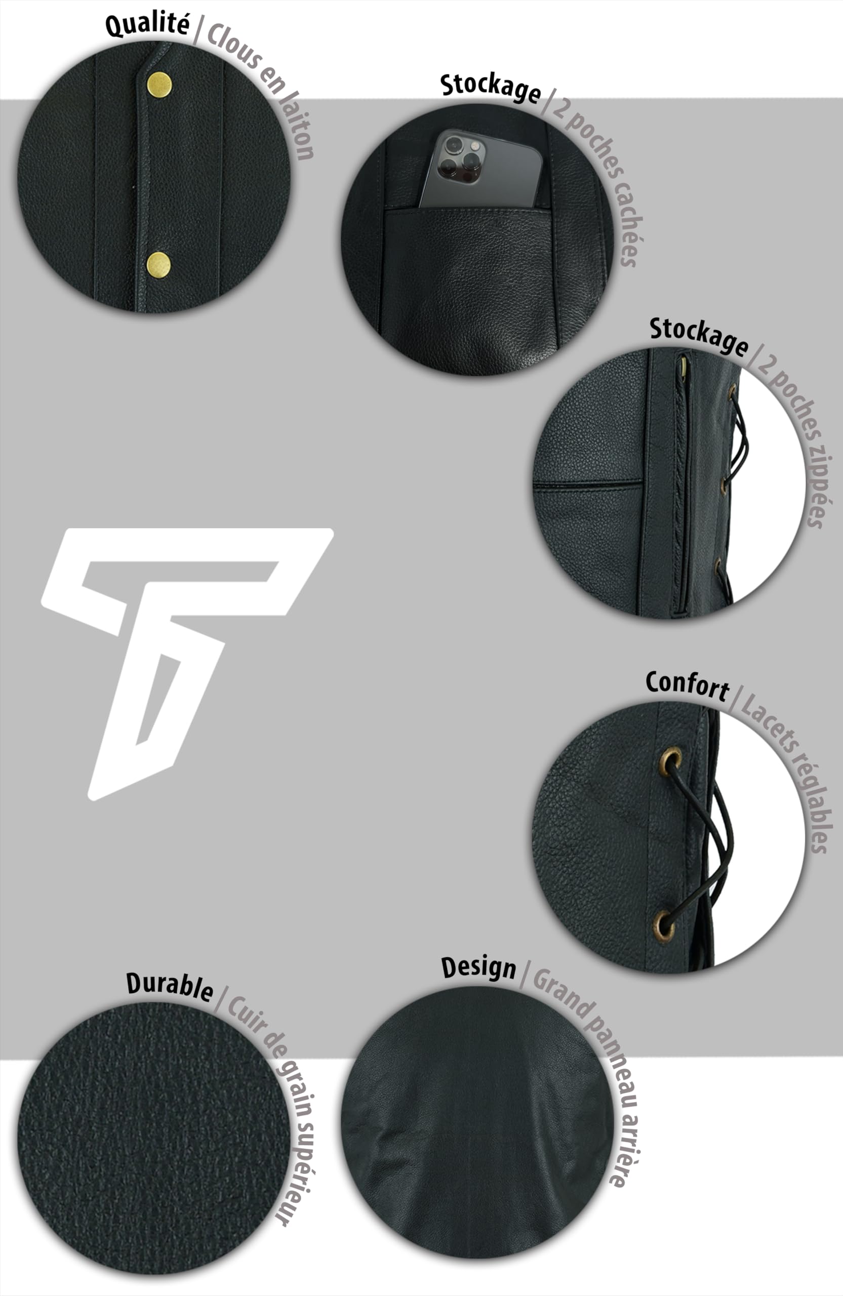 Texpeed Gilet moto en cuir pour homme coupe - Véritables poches fermeture éclair de qualité moto/coupe gilet avec côtés tressés Noir - 10XL