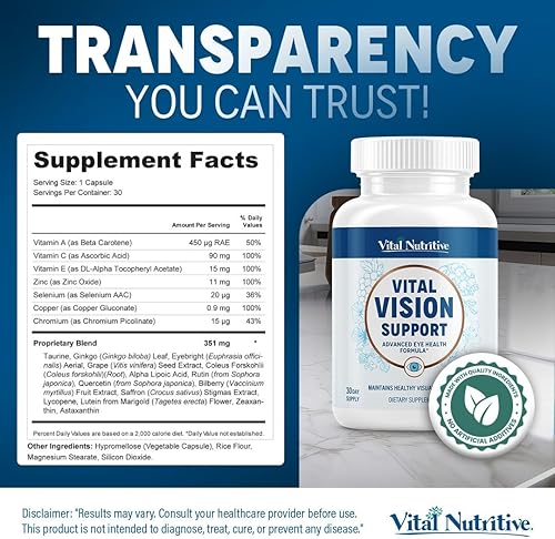 Miniatura 4 de Vital Vision Support  Suplemento de salud ocular con vitamina A, luteína, betacaroteno y antioxidantes  Vitaminas para los ojos que apoyan la