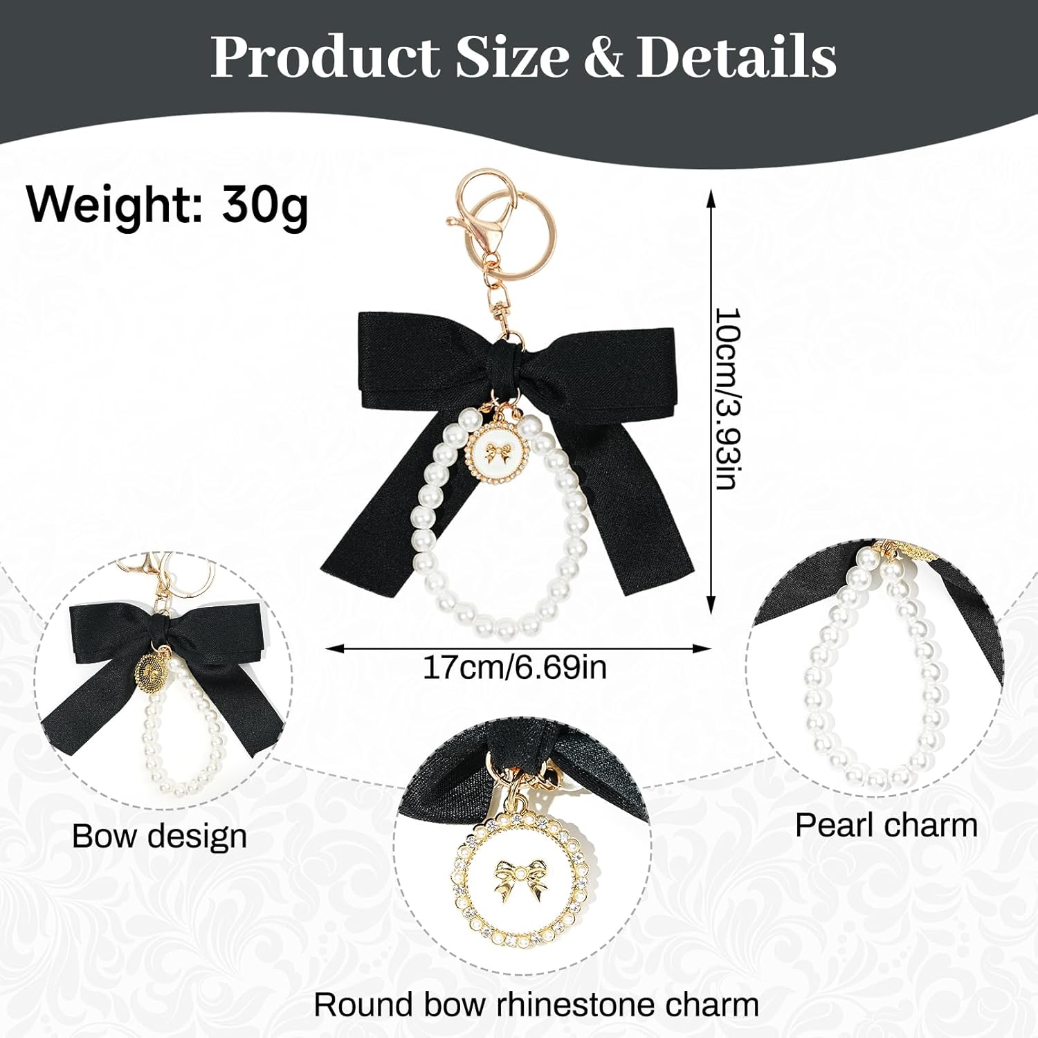 4pcs Bow Keychain Charms for Women,Cute Purse Keychain Charms Bow Rhinestone Pearl Wristlet Handbag Accessories Backpack Car Keys Camera Bag Accessories - Image 3