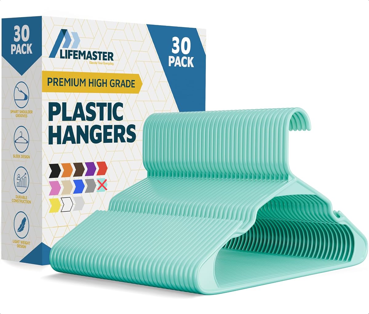 Lifemaster Plastic Clothes Hangers – Heavy Duty Hanger Set, for Organizing Clothes, Dresses, and Coat, Holds Up to 5 lbs, Space-Saving Hangers with Non-Slip Shoulder Grooves, Pack of 30, Aqua