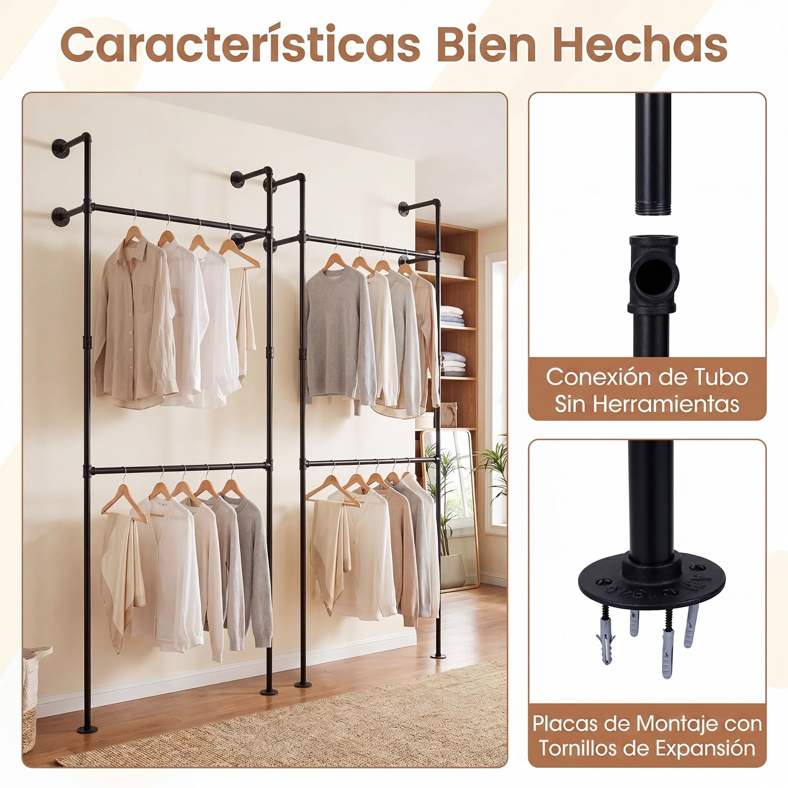 COSTWAY Perchero de Pared con 2 Barras para Colgar,106 x 32 x 227 cm