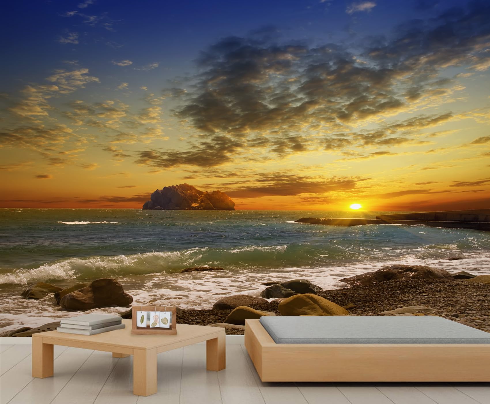 Papier peint coucher de soleil côtier pour créer une ambiance relaxante dans une chambre