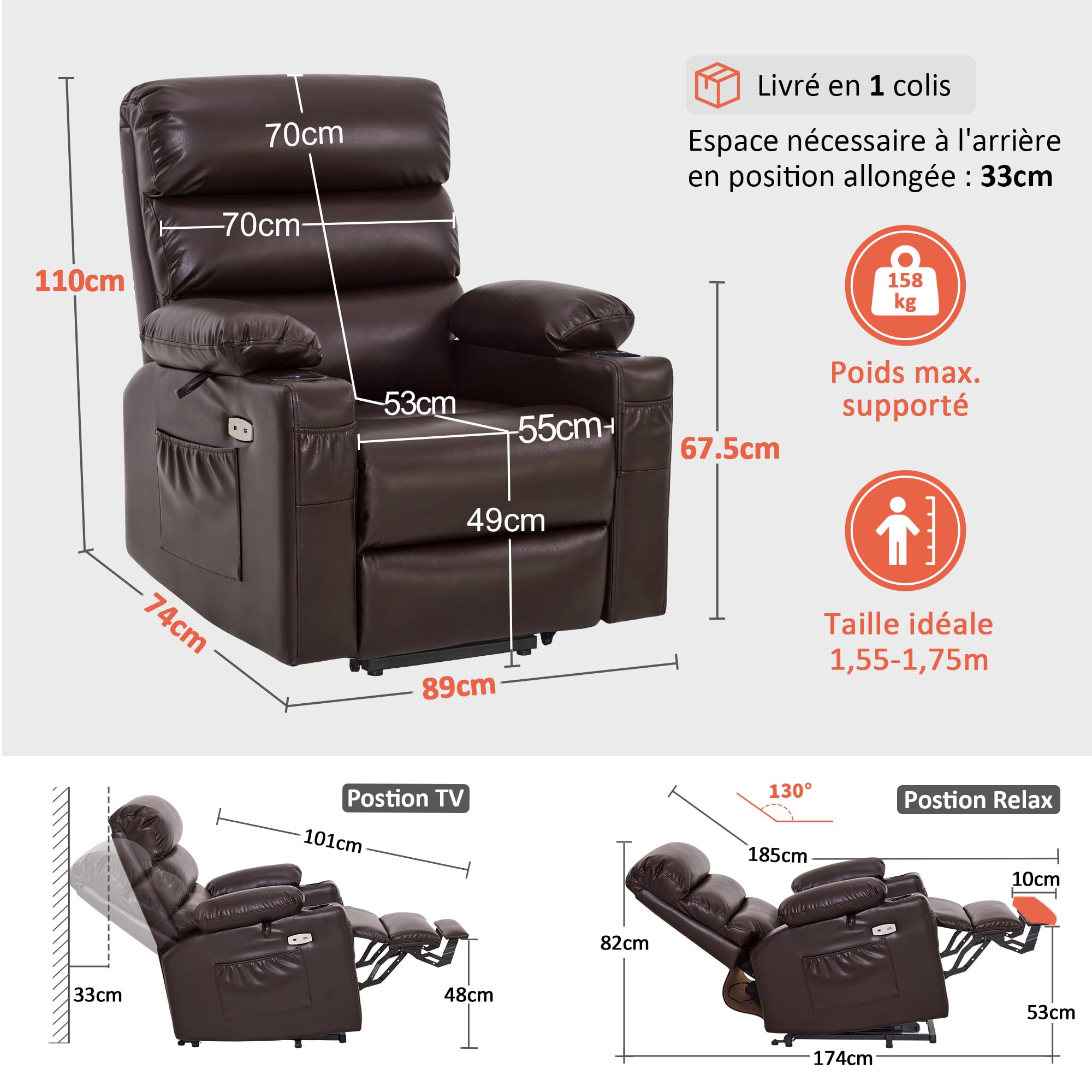 MCombo Fauteuil Releveur électrique, pour Personnes âgées, Fauteuil Relax avec Massage et Chaleur, avec Appui-tête, Repose-Pieds Allongé, Ports USB, en Similicuir, LC001 (Marron)
