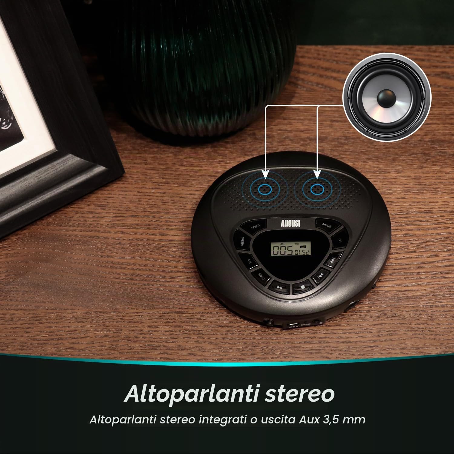 August SE10 Lettore CD Portatile con Altoparlanti, Batteria Ricaricabile, Anti-shock, Aux out, Micro SD, Nero