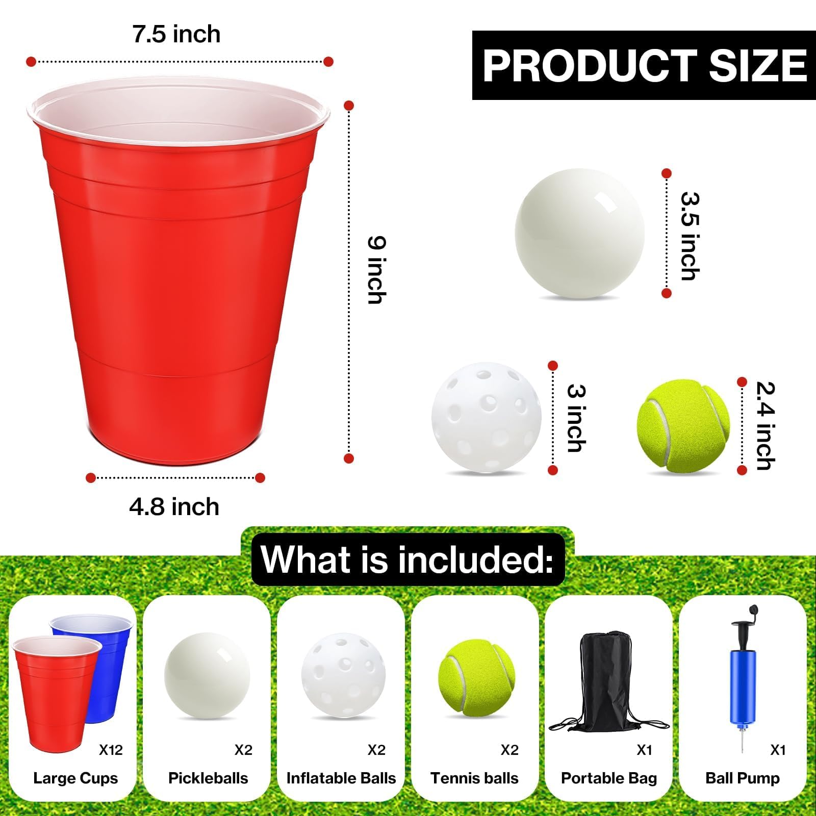 Ensemble de jeu de cour pong géant durable avec balles de pong gonflables, pompe et sac de transport pour pelouse, plage, camping ou jardin