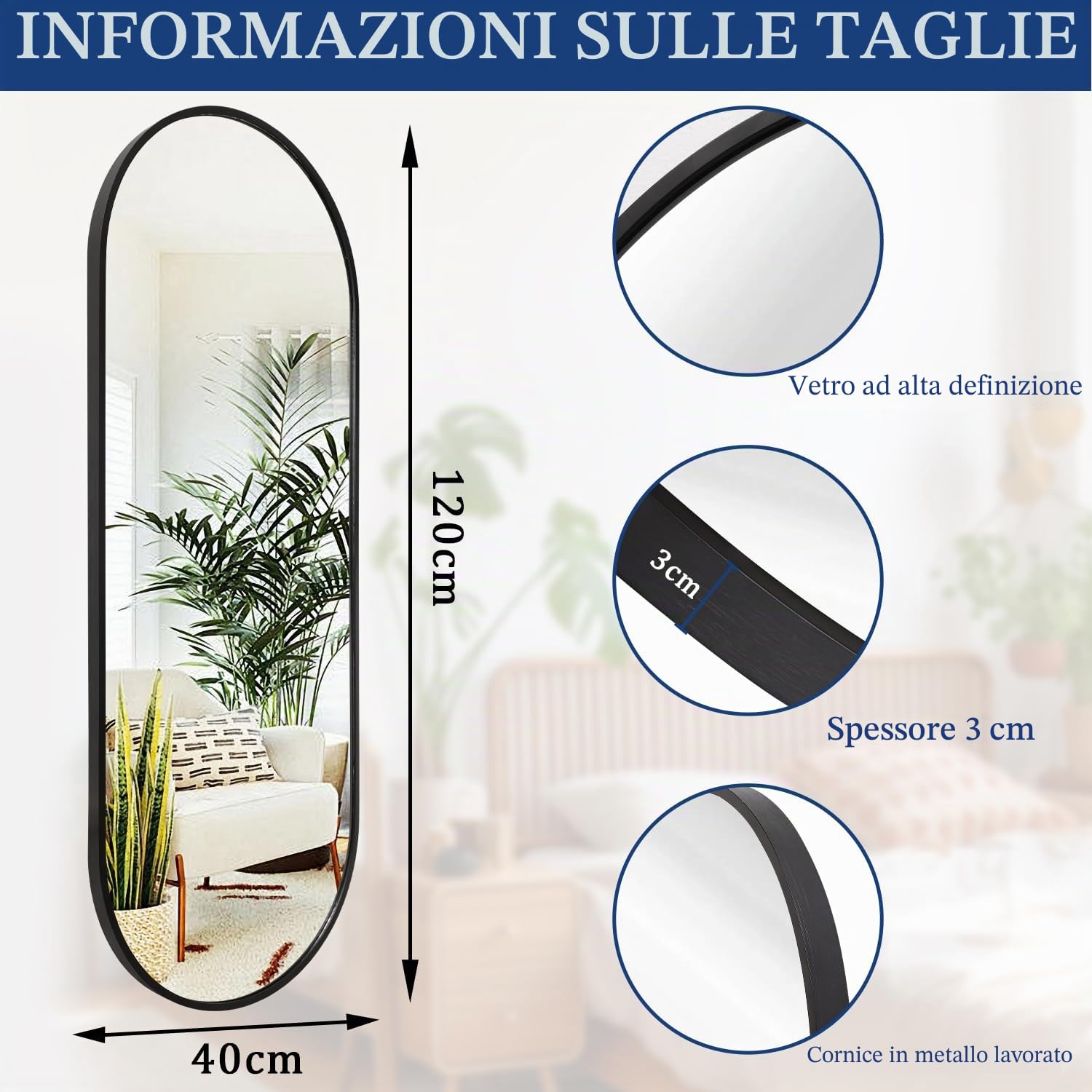 Specchio da parete ovale nero per bagno, specchio a figura intera, cornice in alluminio in metallo, specchi da parete 120 x 40 cm, specchio oblungo a forma di pillola, per vanità, soggiorno,