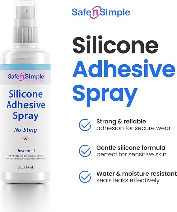 Safe n' Simple Silicone Medical Adhesive Spray - 2oz Bottle - Versatile No Sting Skin Adhesive Spray and Medical Skin Glue for Ostomy Supplies, Diabetic Sensors, Bandages, Odor-Free, Water-Resistant