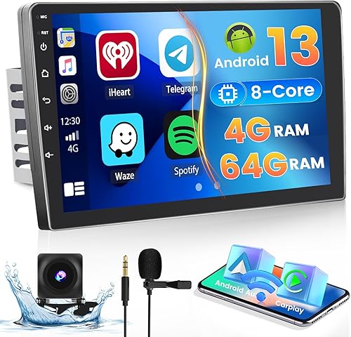 4G+64G Android 13 Estéreo de coche con Apple Carplay Android Auto, 8 Core Doble Din 10.1 pulgadas IPS pantalla táctil Radio coche Bluetooth GPS WiFi