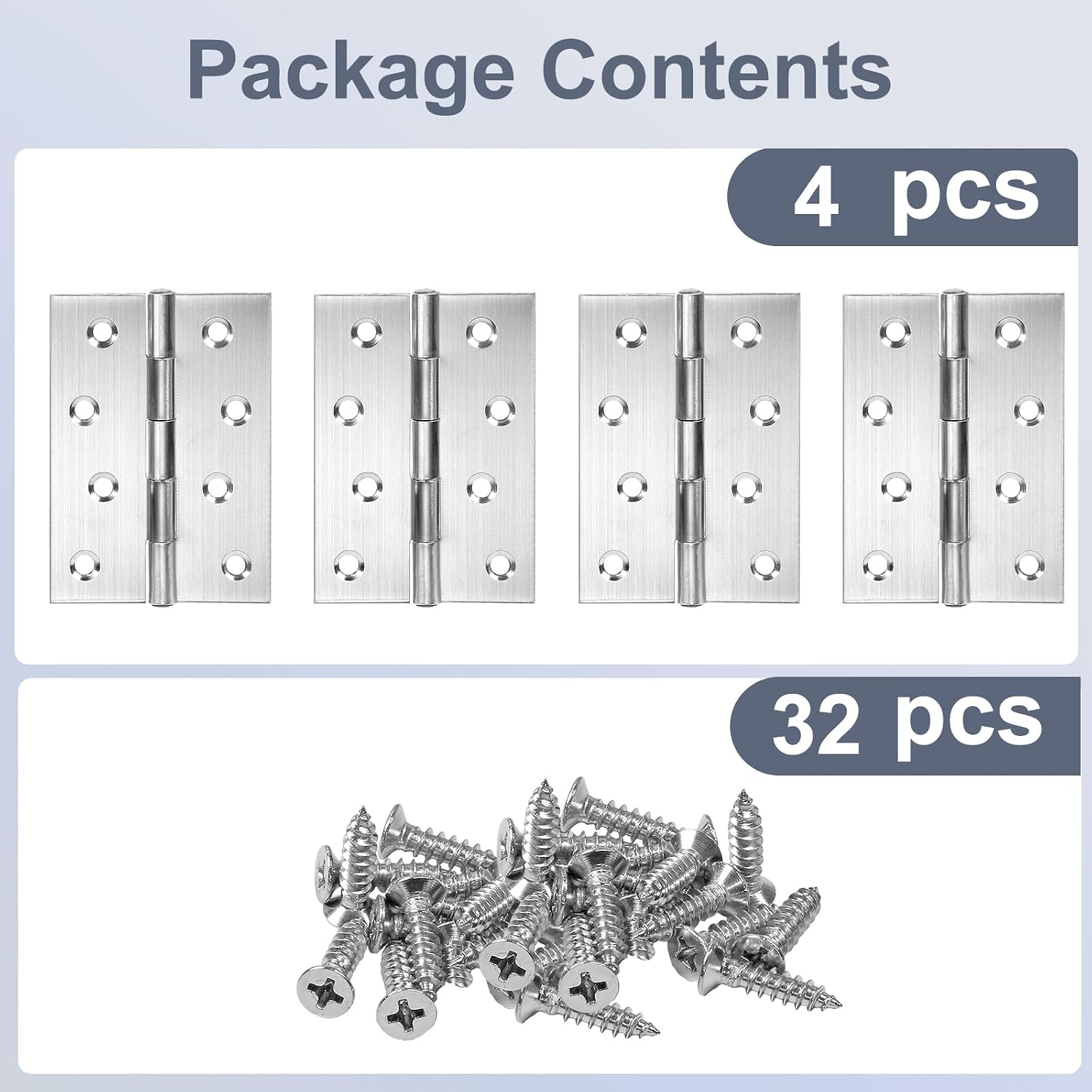 4" Door Hinge, Zernmiarder 4 Pcs Stainless Steel Butt Hinges, Silver Window Hinges, Interior and Outdoor Hinge with Screws, 100 x 70 x 1.5mm image 5