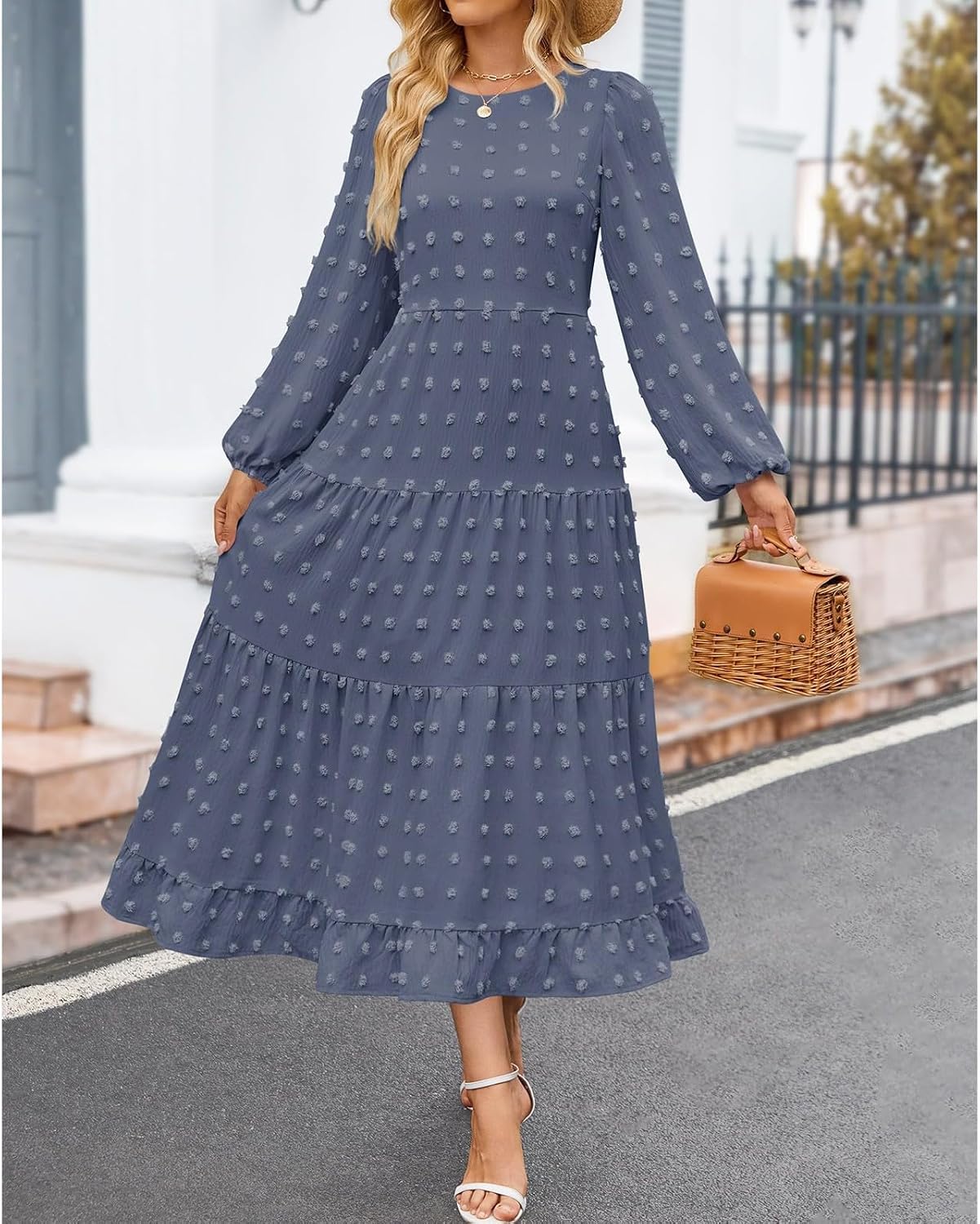 Women's Fall Long Sleeve Maxi Dresses Crew Neck Swiss Dot Tiered Flowy A Line Casual Boho Party Dress