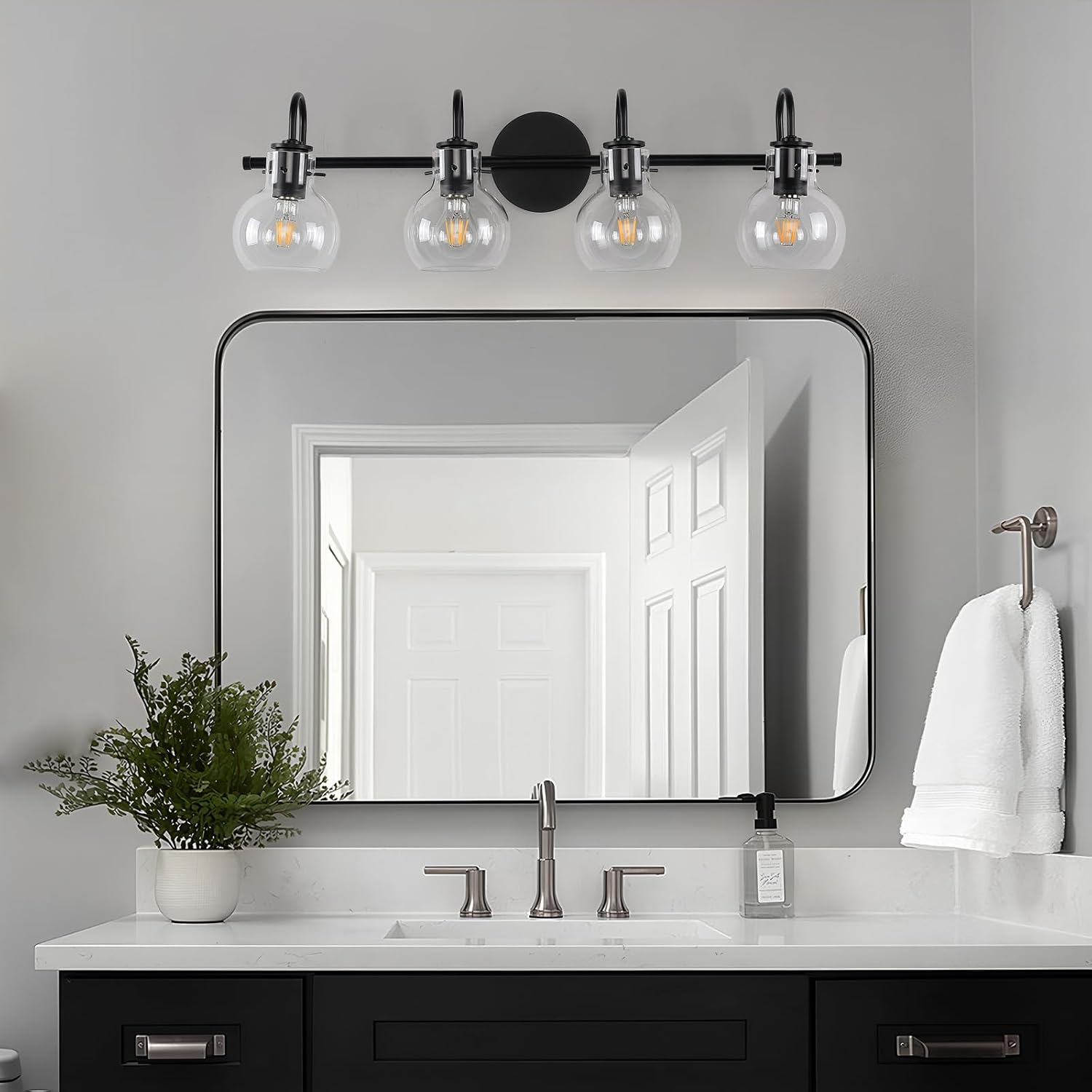 4-Light Bathroom Light Fixtures, Black Bathroom Lights Over Mirror with Clear Glass Globe Shade, Picture Lights for Wall Paintings, Portrait, Gallery & Over Mirror in Hallway, Bedroom