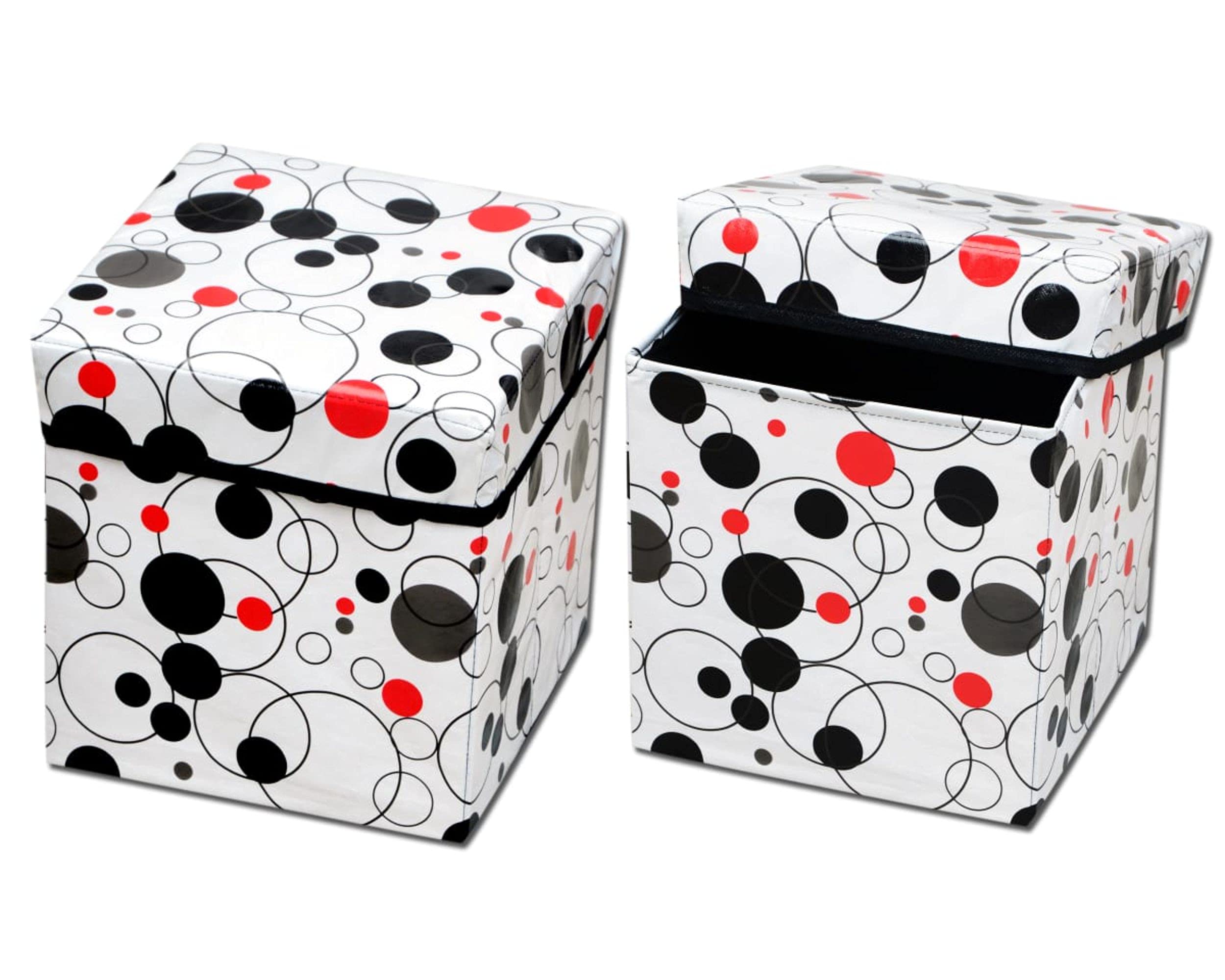 Global Edge Foldable Storage Stool cums Sitting Stool for Living Room, Stool for Storage and Sitting (Circles-White)