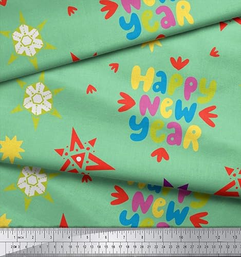 Miniatura 3 de Soimoi Tela de rayón verde con estampado de copo de nieve y texto de feliz año nuevo, 57.9in de ancho
