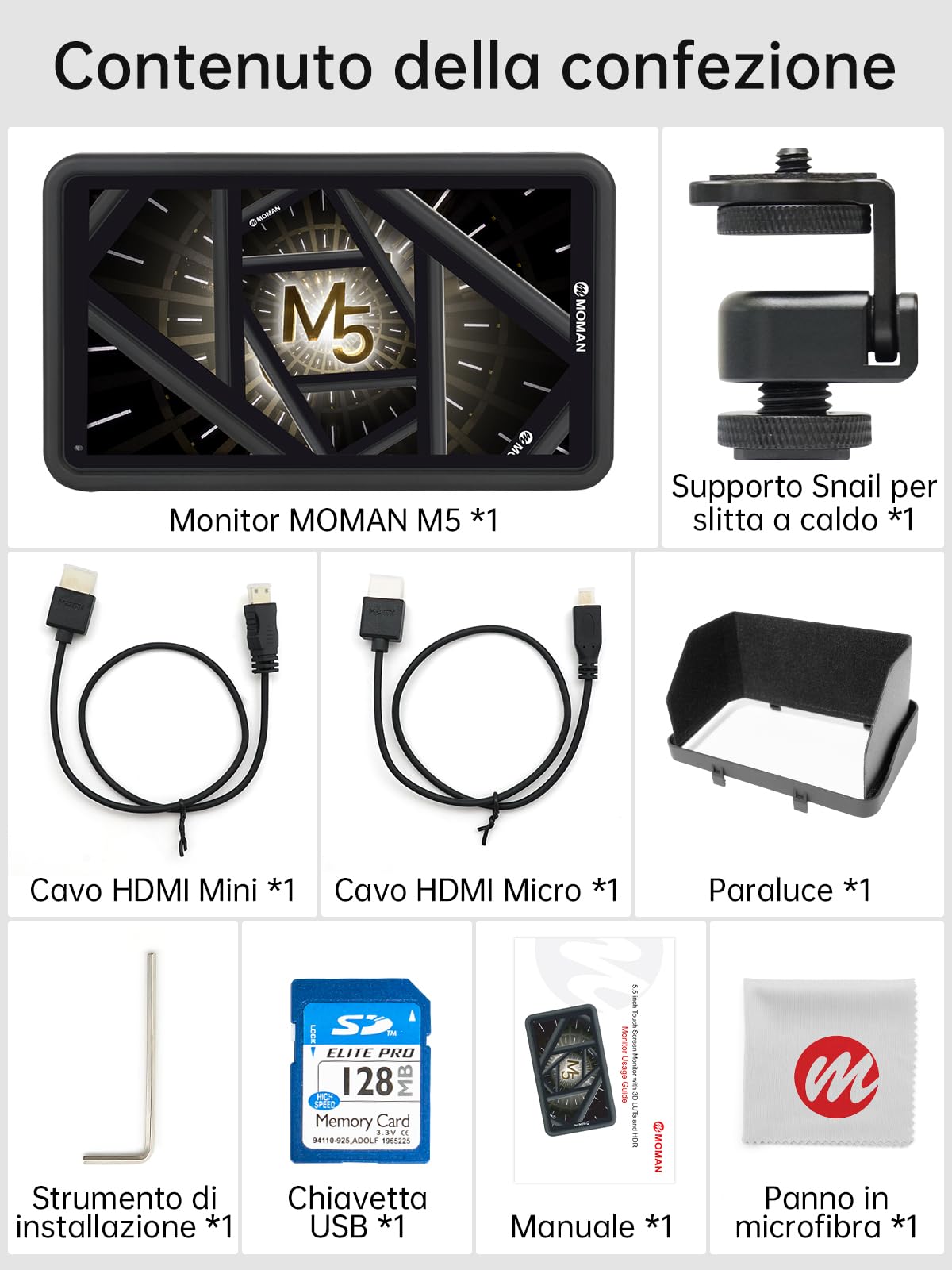 Moman M5 Monitor-Esterno-Reflex-4K-DSLR 5.5 Pollici Touch Screen 450nits, Monitor da Campo 1920 * 1080 Full HD con 3D LUTs/HDR, Monitor Mirrorless