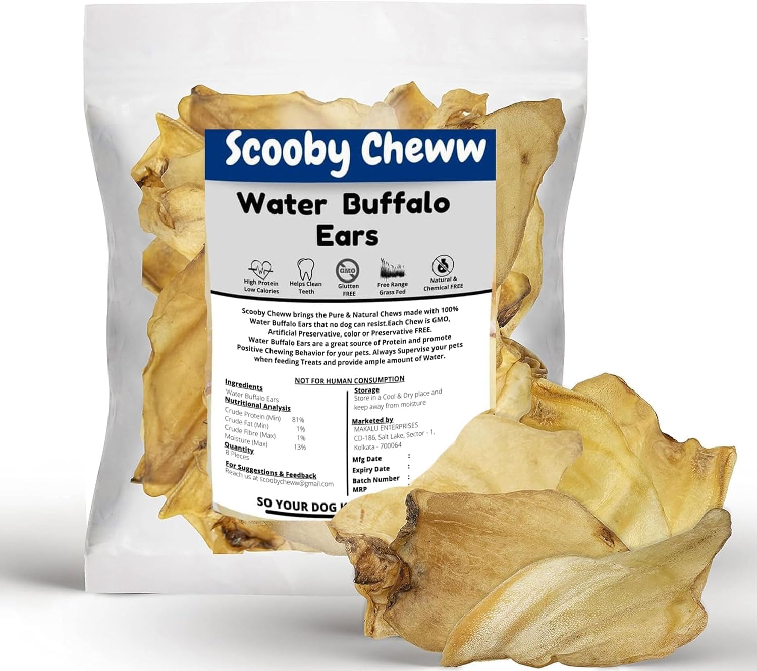 Dog Treats Rawhide-Free Dried Water Buffalo Ears, 8 Count | High Protein Natural Dog Chews for Small, Medium & Adult Dogs – Long-Lasting, Grain-Free, Healthy Dog Snack