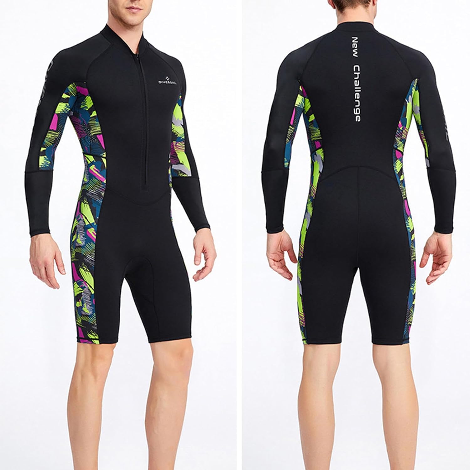 Cambkatl Men's Zip Front Long Sleeve Rash Guard Tropical One Piece Sun Protection Swimning Shorts Surfing Suit