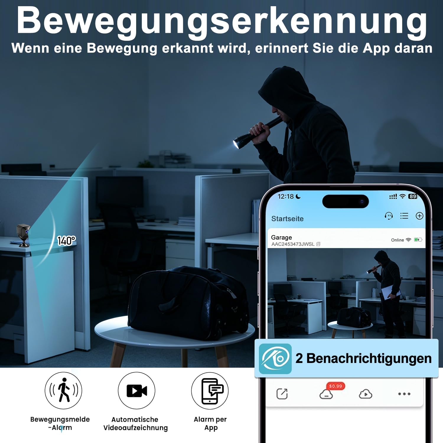 Mini Kamera 4K HD WLAN Kamera - Live Übertragung Handy APP Für WiFi Camera Indoor mit Akku Sicherheitskamera mit Bewegungsmelder/Nachtsich SD/Cloud-Speicher, Ideal für Haus & Haustiere