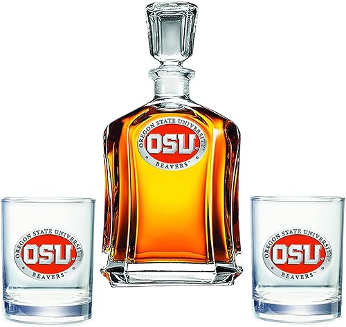 Heritage Pewter Oregon State Decanter con juego de combinación de 2 vasos, vertedor de 24 onzas con 2 vasos dobles antiguos, vidrio de peltre