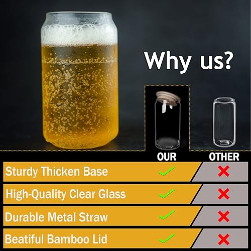 Miniatura 3 de YULEER Vasos de vidrio con tapas y pajitas, paquete de 6, vasos de cerveza con forma de lata de 16 onzas, botellas de agua para café helado, cóctel,