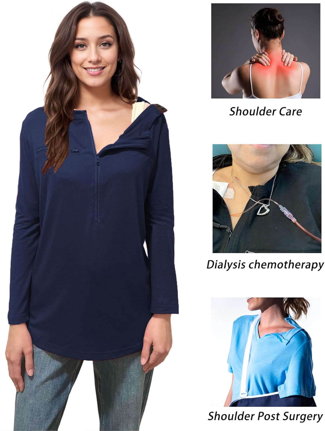 Youdiao Chemo Shirts for Women with Port Access Long Sleeve Side Snaps Dual Zipper for Post Surgery and Dialysis Recovery - Image 3