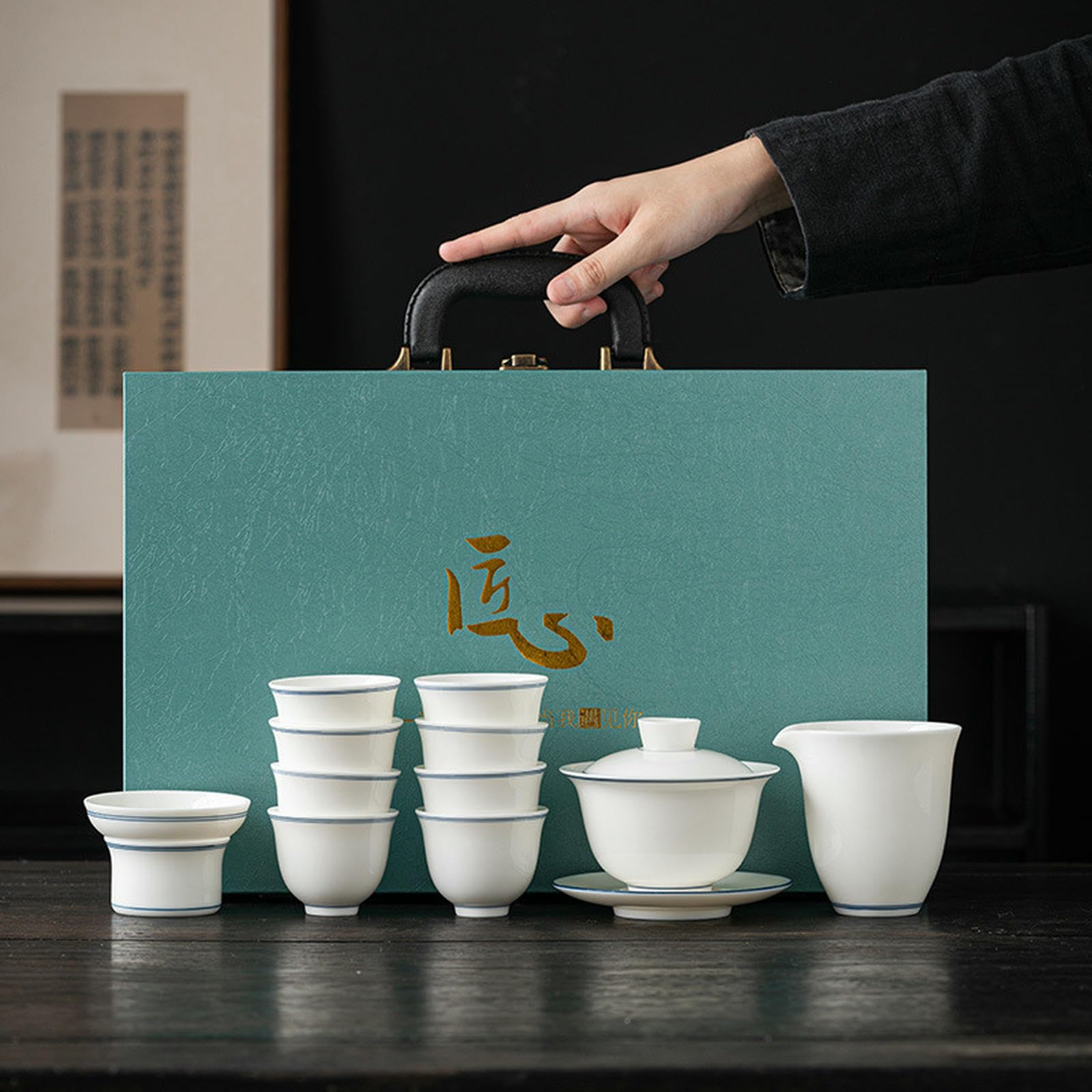 YaBai 12-teiliges Schüssel-Set, Schaffett, Jadeblau, Fadenabdeckung, für Heimbüro, Keramik